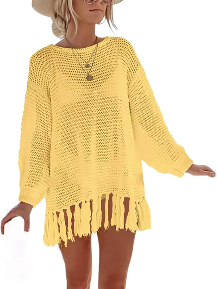 ENOPINK Women Swimsuit Cover Up Summer Crochet Bathing Suit Swimwear 2024 Knit Pullover Beach Dre... | Amazon (US)
