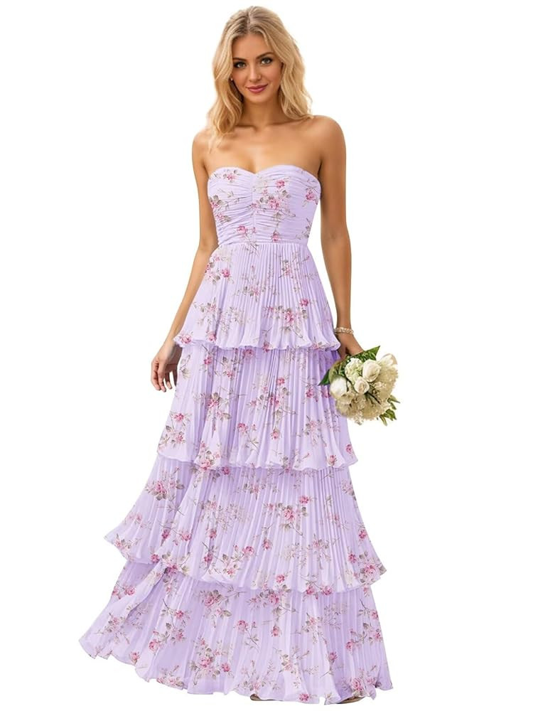 Strapless Ruffle Prom Dresses for Women Long Flowy Tiered Chiffon Formal Evening Gowns | Amazon (US)