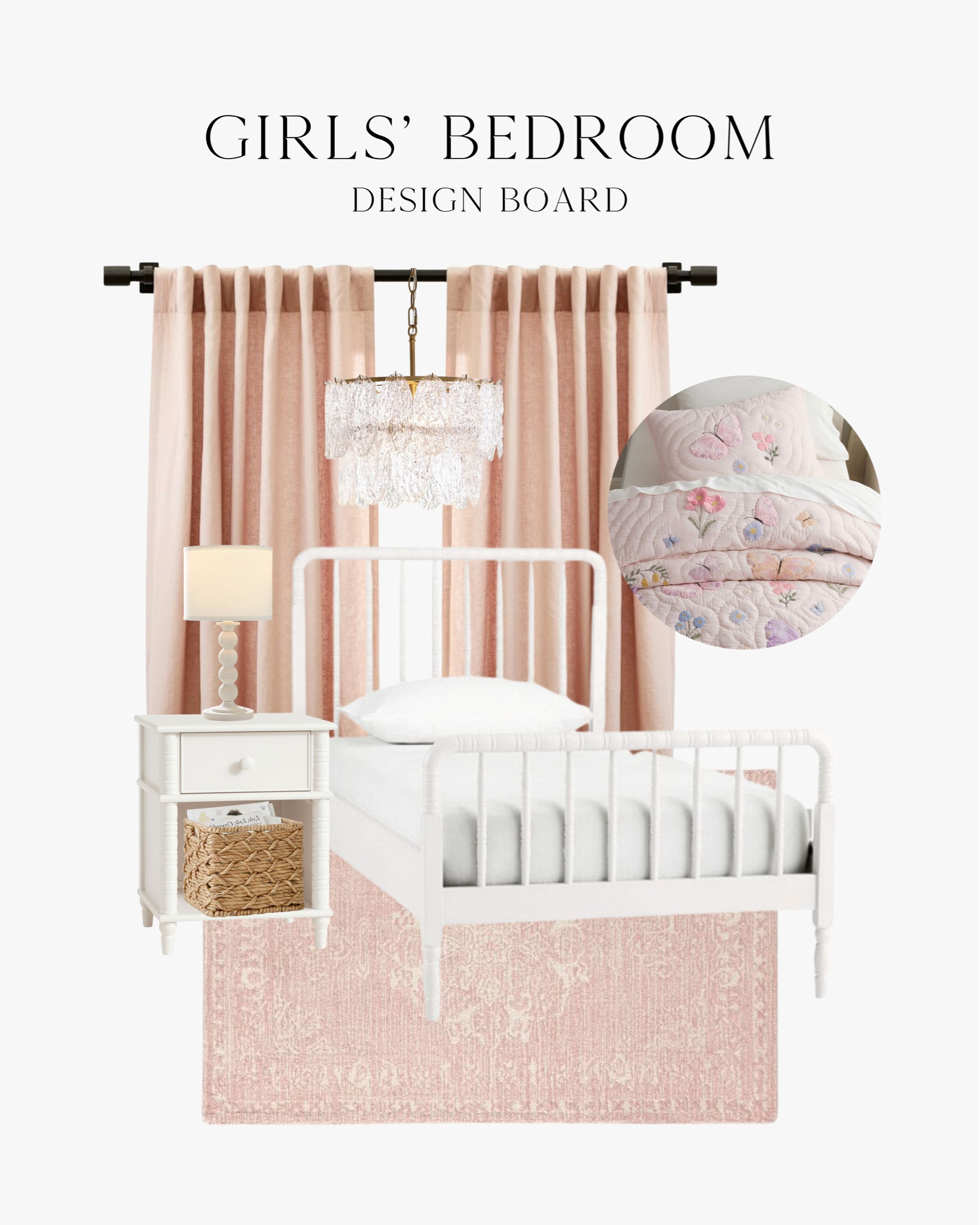 Girls’ Bedroom: Design Board

Includes: twin bed, bedding, nightstand, curtains/drapes, lamp, storage/basket, and rug.

#LTKhome #LTKFind #LTKfamily