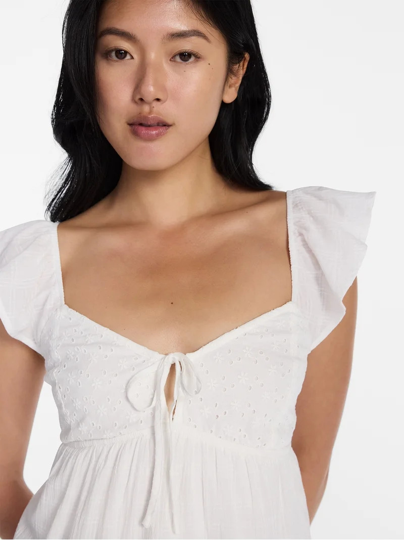 No Boundaries Tiered Cotton Dress with Flutter Sleeves, Women\u2019s XXS-XXL | Walmart (US)