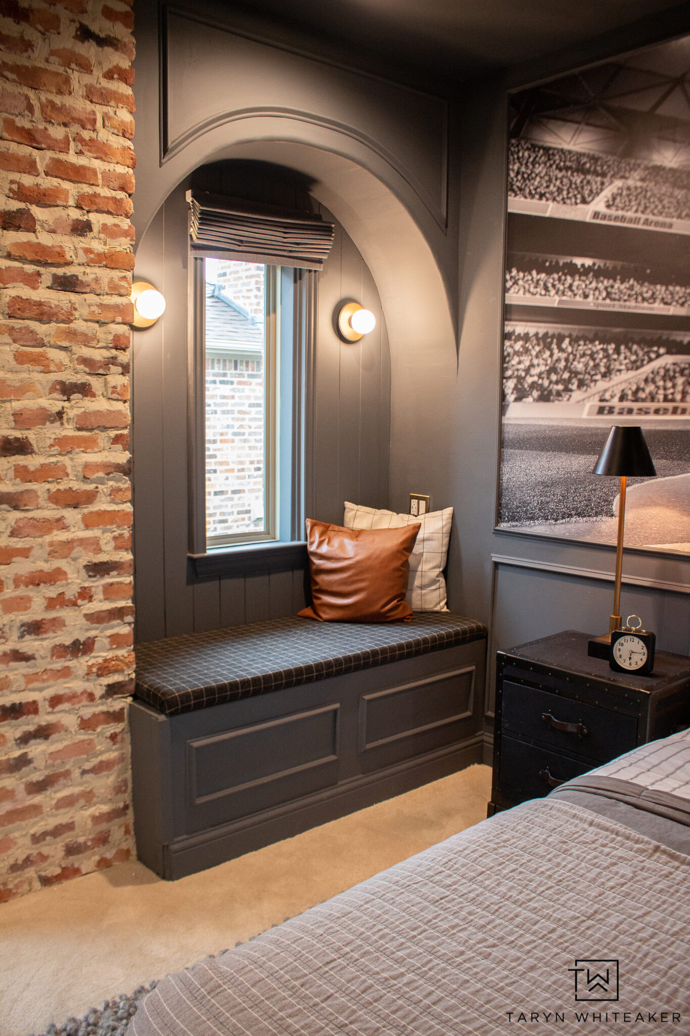 This room has ALL the character 🖤 The moody walls, exposed brick + built-in window seat make this bedroom feel so cozy and unique. Such a good mix of modern and vintage!

#LTKSeasonal #LTKHome