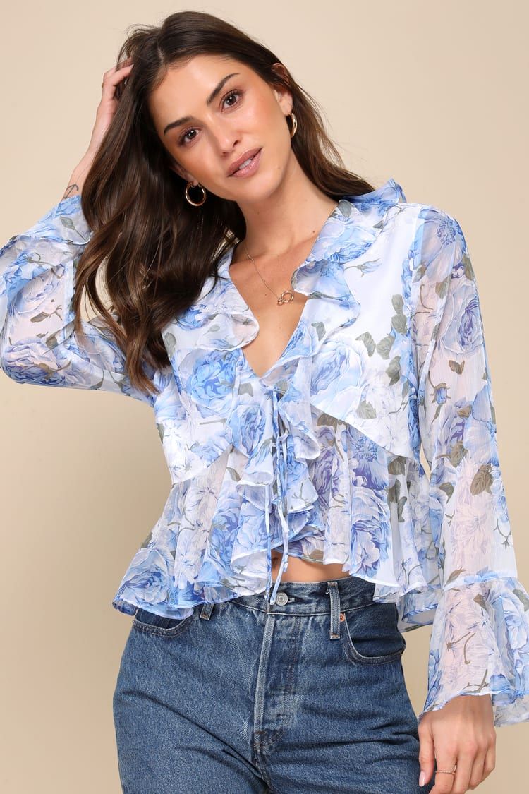 Thriving Cutie Blue Floral Chiffon Long Sleeve Tie-Front Top | Lulus