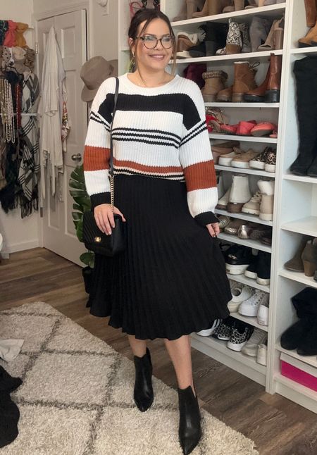 Sweater with pleated skirt and boots 

#LTKcurves #LTKstyletip