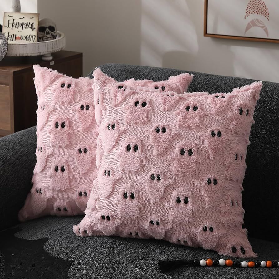 DFXSZ Halloween Pillow Covers 18x18 inch Set of 2 Pink Ghost Throw Pillow Cases Soft Plush Faux F... | Amazon (US)