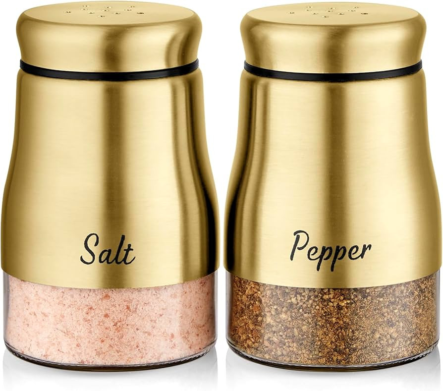 Gold Salt and Pepper Shakers Set, Bivvclaz 5 Ounce Salt and Pepper Dispenser with Glass Bottom, C... | Amazon (US)