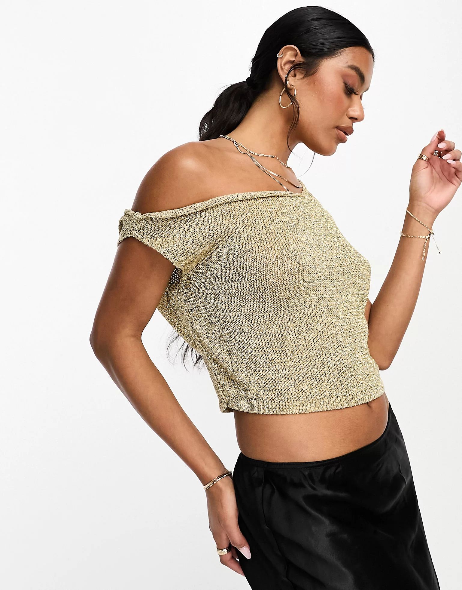 ASOS DESIGN metallic knit asymmetric top in gold | ASOS (Global)