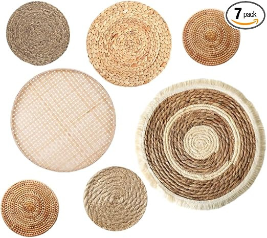 Boho Wall Basket Decor set of 7, Woven Seagrass Wicker Rattan Flat Baskets Wall Hanging Decor, Ha... | Amazon (US)