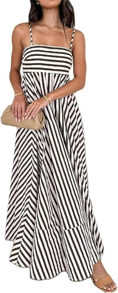 Women Striped Sleeveless Maxi Dress Boho Colorful Spaghetti Strap Dress Summer 2025 Flowy Casual ... | Amazon (US)