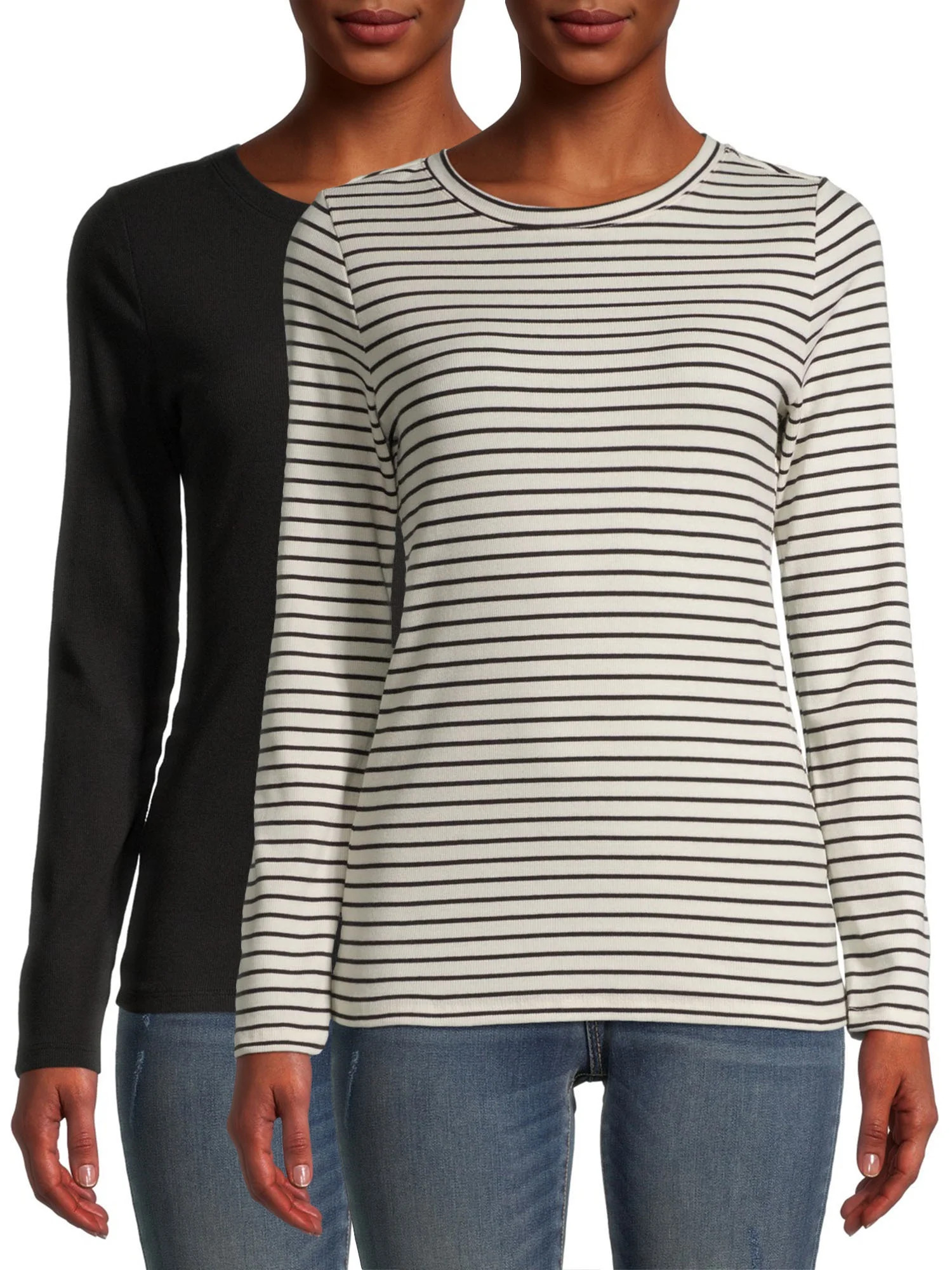 Time and Tru Women's Long Sleeve Ribbed T-Shirt, 2 Pack - Walmart.com | Walmart (US)