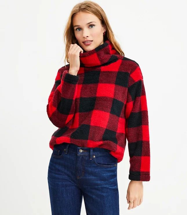 Buffalo Plaid Mock Neck Sherpa Top | LOFT