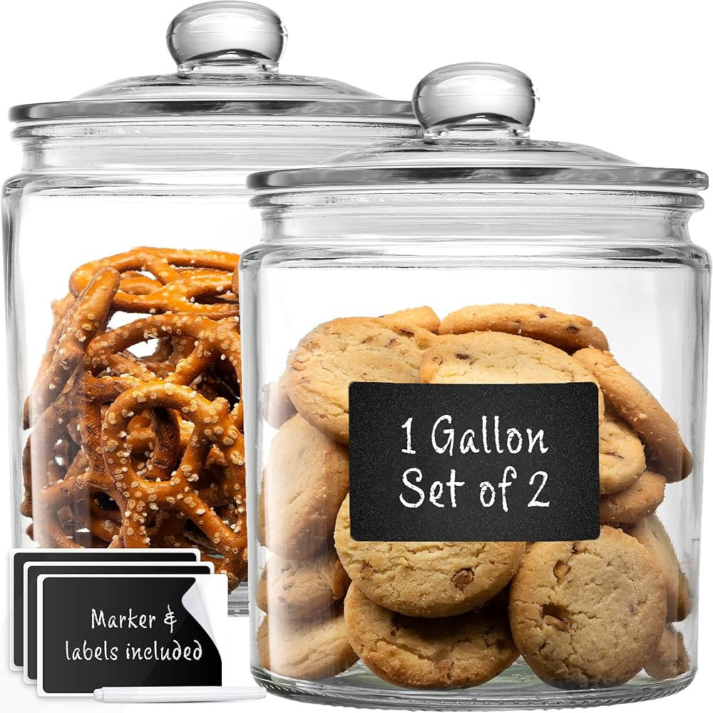 Set of 2 Glass Cookie Jars + Labels & Marker - 1 Gallon Canister Sets for Kitchen Counter with Ai... | Amazon (US)
