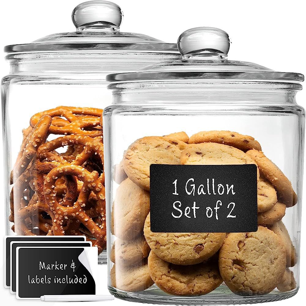 Set of 2 Glass Cookie Jars + Labels & Marker - 1 Gallon Canister Sets for Kitchen Counter with Ai... | Amazon (US)