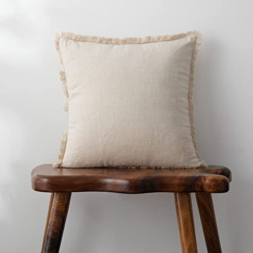 Linen Fringed Throw Pillow Cover - Soft Cozy Boho Cushion Covers with Tassel for Couch Sofa Farmhouse Natural Decor Burlap Pillowcase, Beige 18x18 inches | Amazon (US)