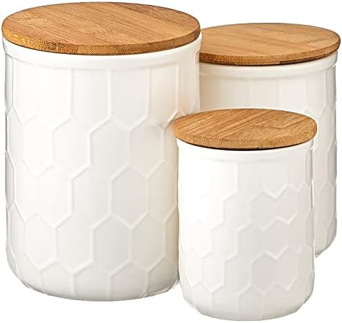 Amazon.com: Bloomingville A21700001 Set of 3 White Stoneware Canisters with Bamboo Lids : Home & ... | Amazon (US)