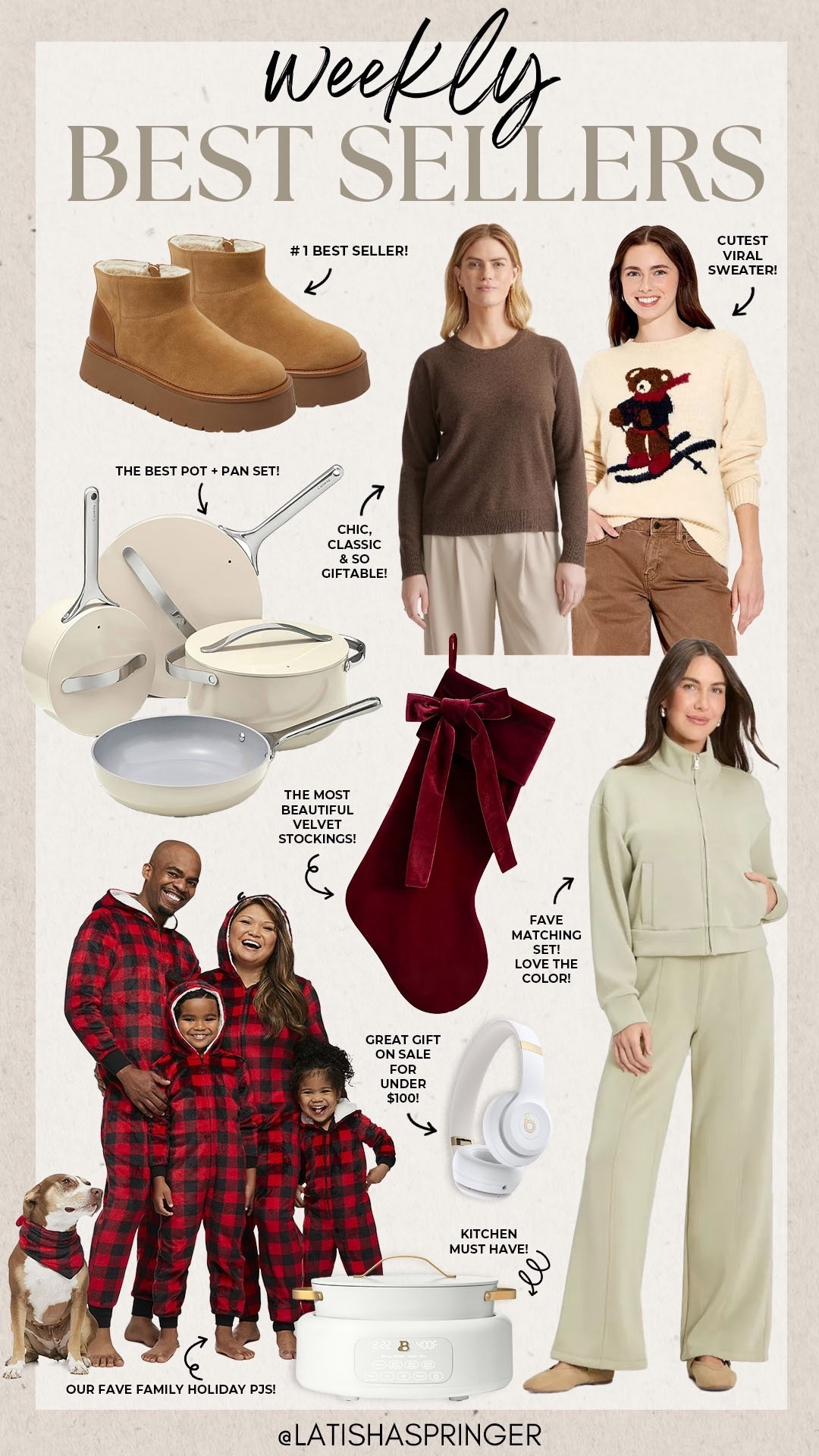 Last week’s best sellers! 

#bestsellers

Best sellers. Weekly best sellers. Walmart finds. Walmart family matching holiday pajamas. Burgundy velvet stocking. Target finds. Target fashion. Target matching lounge set. Holiday gift ideas. Target shoes. Target UGG style boots. Wool sweater. Teddy bear sweater  

#LTKSeasonal #LTKHoliday #LTKFindsUnder100