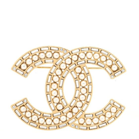 CHANEL Pearl Crystal Baguette CC Brooch Gold | FASHIONPHILE (US)