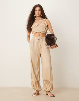ASOS DESIGN co-ord crinkle lace panel trouser in stone | ASOS | ASOS (Global)
