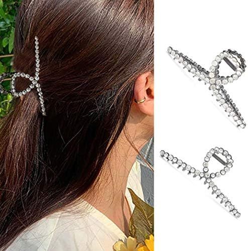 Woeoe 2PCS Metal Crystal Hair Claw Clip Silver Pearl Rhinestone Hair Claw Clips Set French Hair Catc | Amazon (US)
