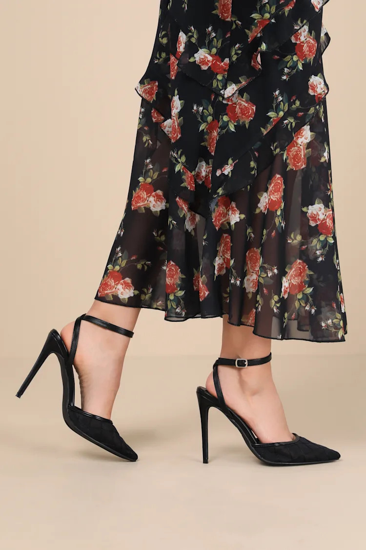 Louize Black Embroidered Ankle-Strap Heels | Lulus