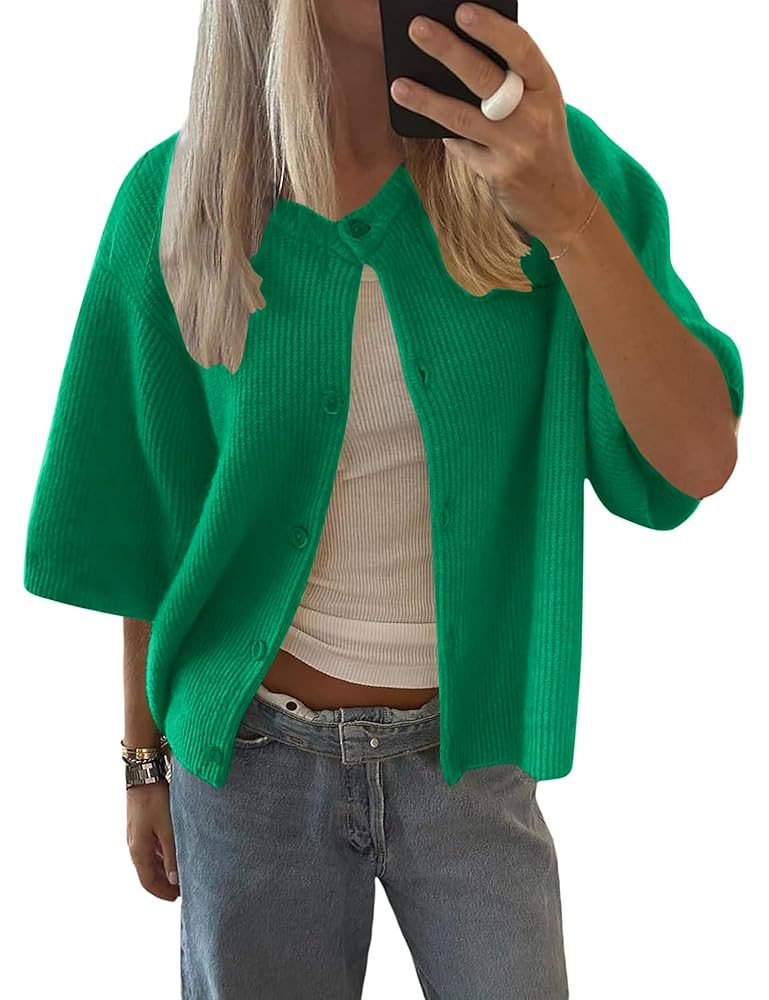 LOMON Womens Spring Summer Short Sleeve Cardigan Sweaters Trendy Crew Neck Button Down Lightweigh... | Amazon (US)
