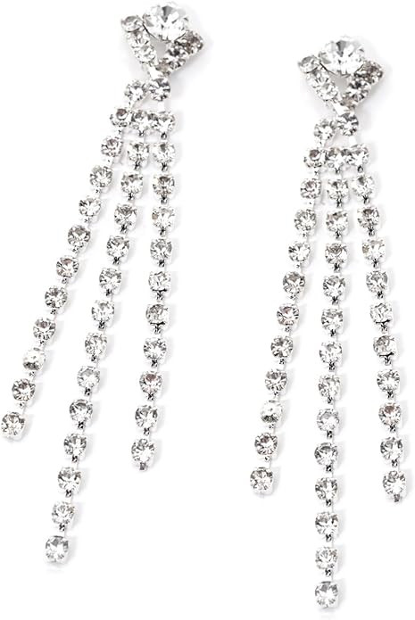 Silver Crystal Rhinestone Dangle Three Line Strand Earrings | Amazon (US)