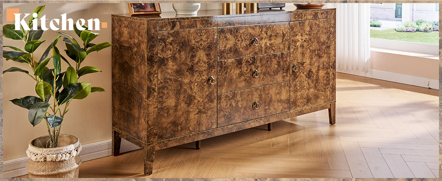 AMERLIFE 60" Large High Gloss Burl Buffet Sideboard Cabinet, Wood Sideboard Storage Cabinet with ... | Amazon (US)