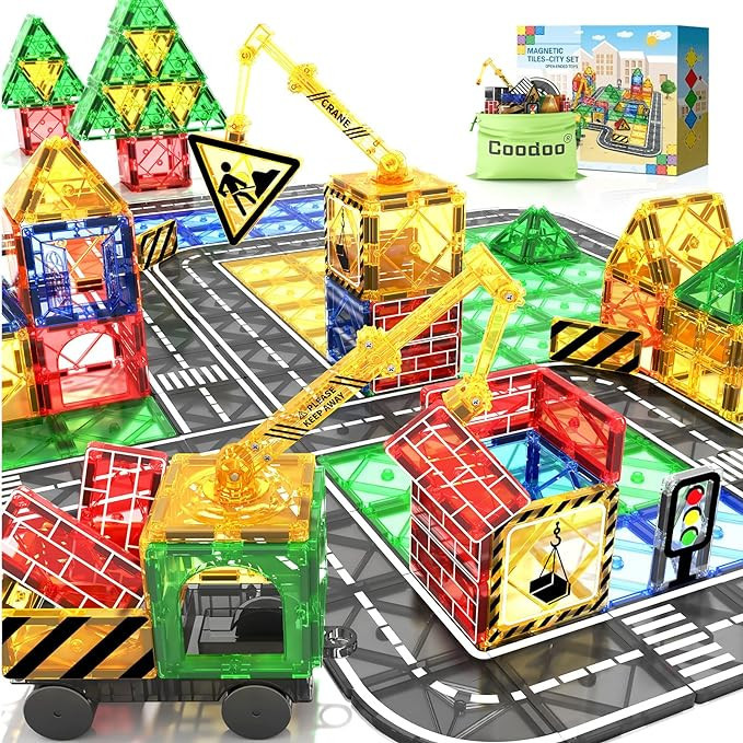 Kids Games Magnetic Tiles Road Set with Extendable Magnetic Crane, City Construction Building Toy... | Amazon (US)