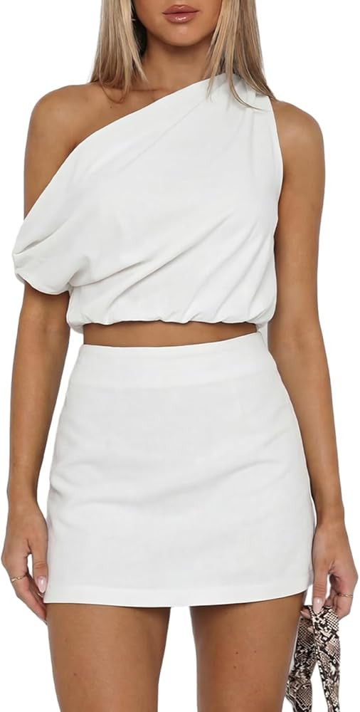 UNCOOYEE Two Piece Sets For Women Summer Outfits One Shoulder Tank Tops And Skirts Lounge Matching Sets Beach Vacation Travel | Amazon (US)