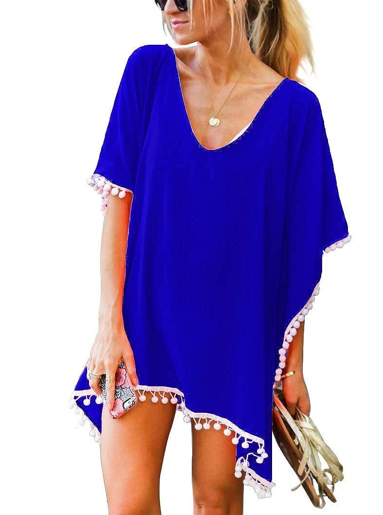 Women's Chiffon Pom Pom Kaftan Swimsuit Beach Cover Up | Amazon (US)