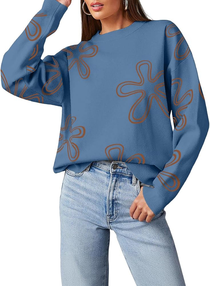 Dokotoo Sweaters for Women Casual Crewneck Long Sleeve Floral Print Cable Knit Pullover Sweater T... | Amazon (US)