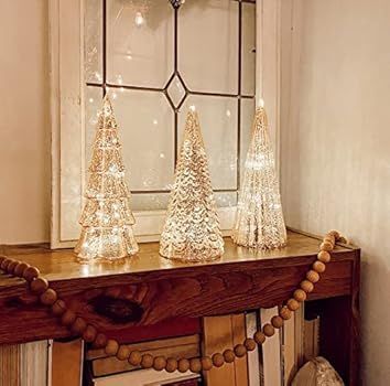 Christmas Tree Decoration with Fairy Lights - Set of 3 Assorted Trees, 10 Inch Tall, Champagne Go... | Amazon (US)