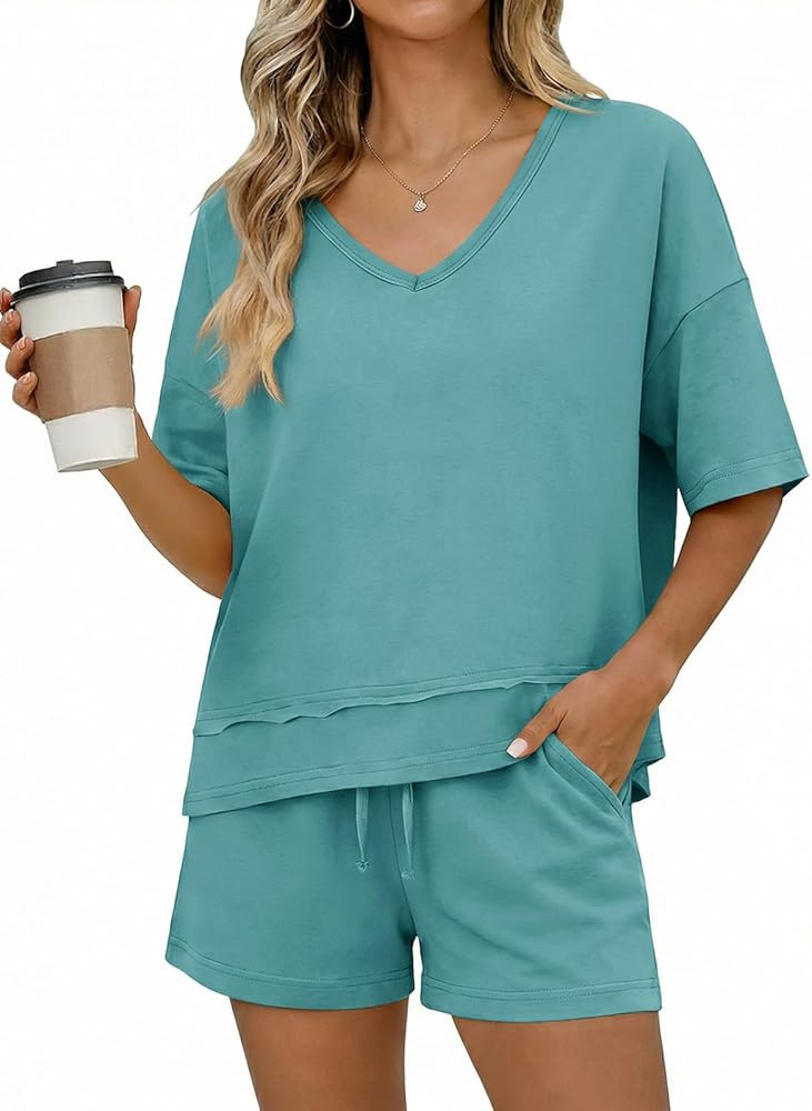 Tankaneo Womens 2 Piece Outfits Shorts Set Summer Casual Short Sleeve V Neck T Shirts Tops Matchi... | Amazon (US)