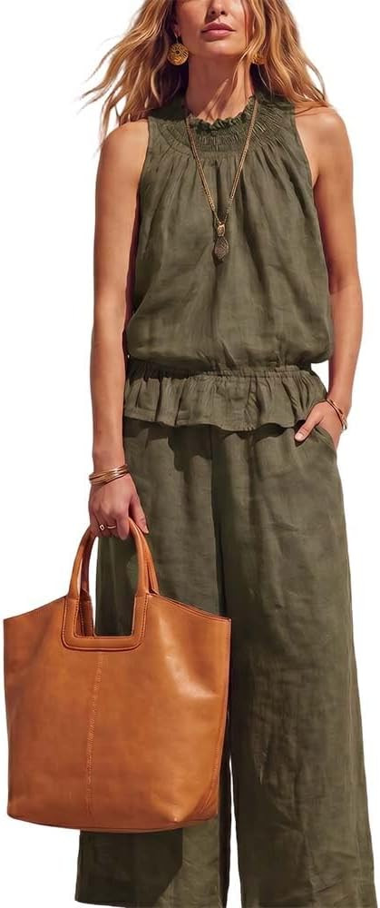 Piece Outfits Sleeveless Ruffle Top Wide Leg Pants, 2 Piece Linen Sets for Women, Summer Boho for... | Amazon (US)