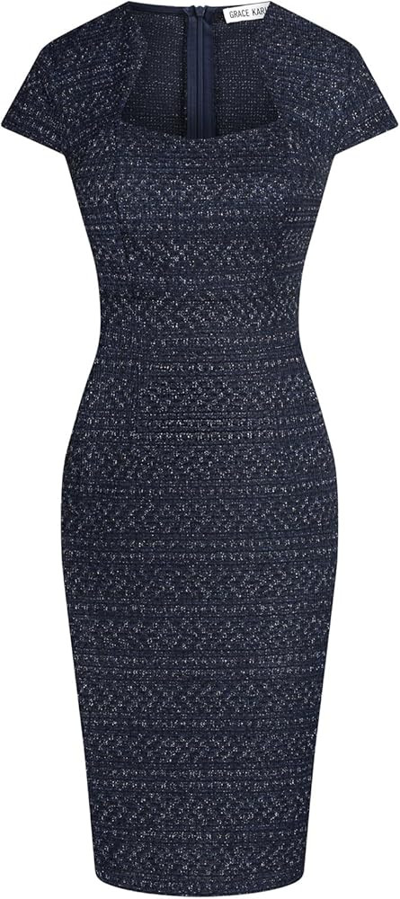 GRACE KARIN Women's Gorgeous Pencil Dress Cap Sleeve Tweed Pencil Dress for Work | Amazon (US)