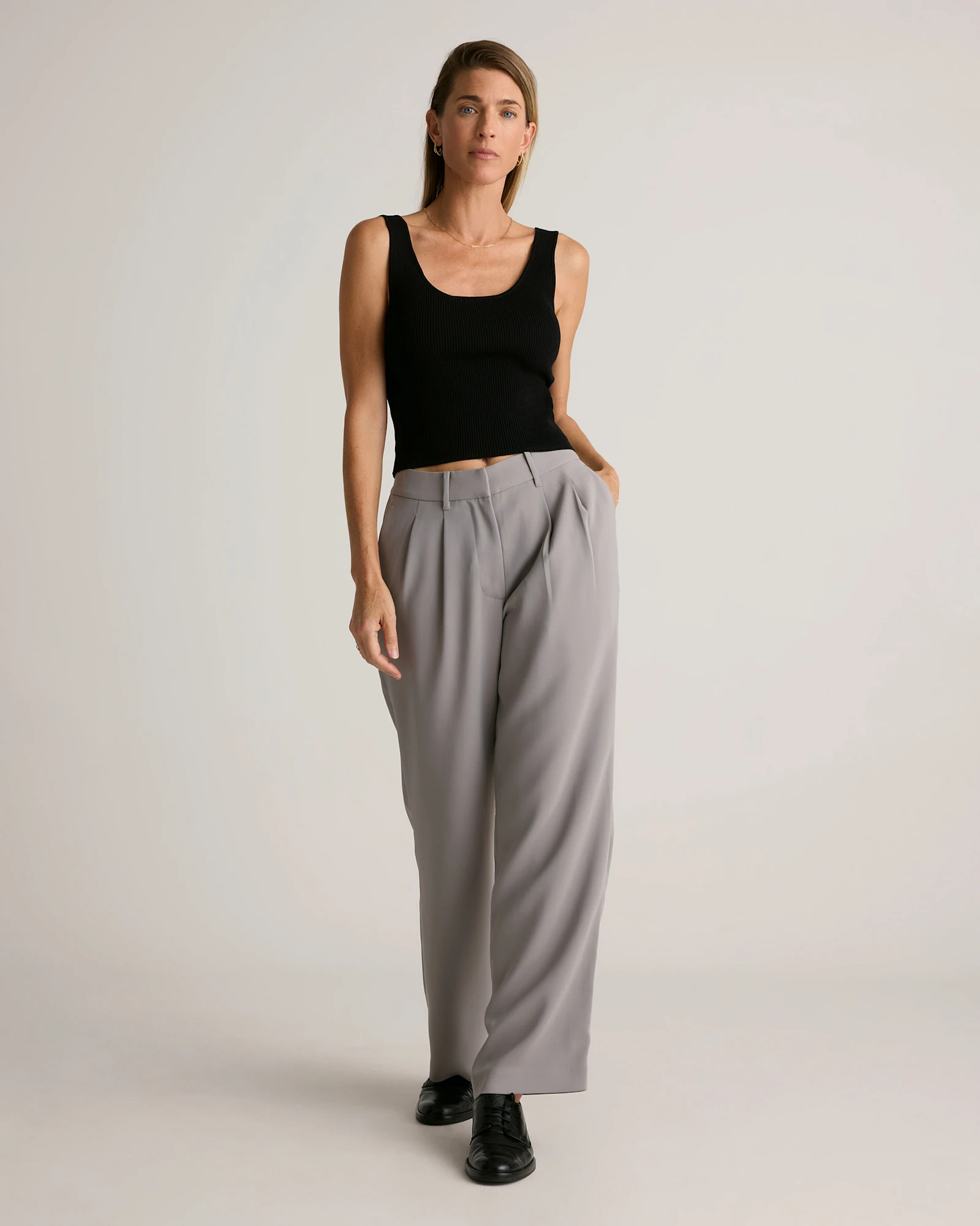 Stretch Crepe Pleated Wide Leg Pants in Coastal Grey | Quince