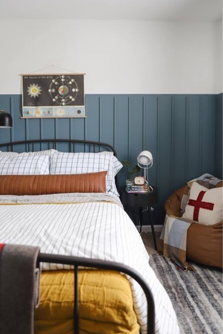 Boys room, vintage schoolhouse room, teen room, black bed, kids bed, black side table, kid chair, kids room, iron bed, full bed, striped duvet, blue and beige rug, soft rug for kids room 
-
Search “Dax’s room” on prettyrealblog.com for more sources, info, and tutorials 

#LTKhome #LTKfamily #LTKkids
