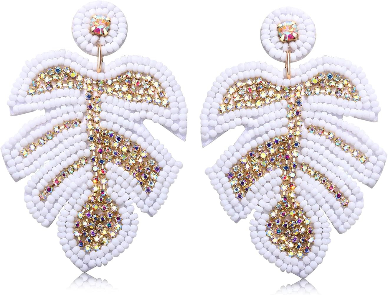 Beaded Drop Earrings for Women Statement Rhinestone Palm Leaf Beaded Dangle Earrings Handmade Cry... | Amazon (US)