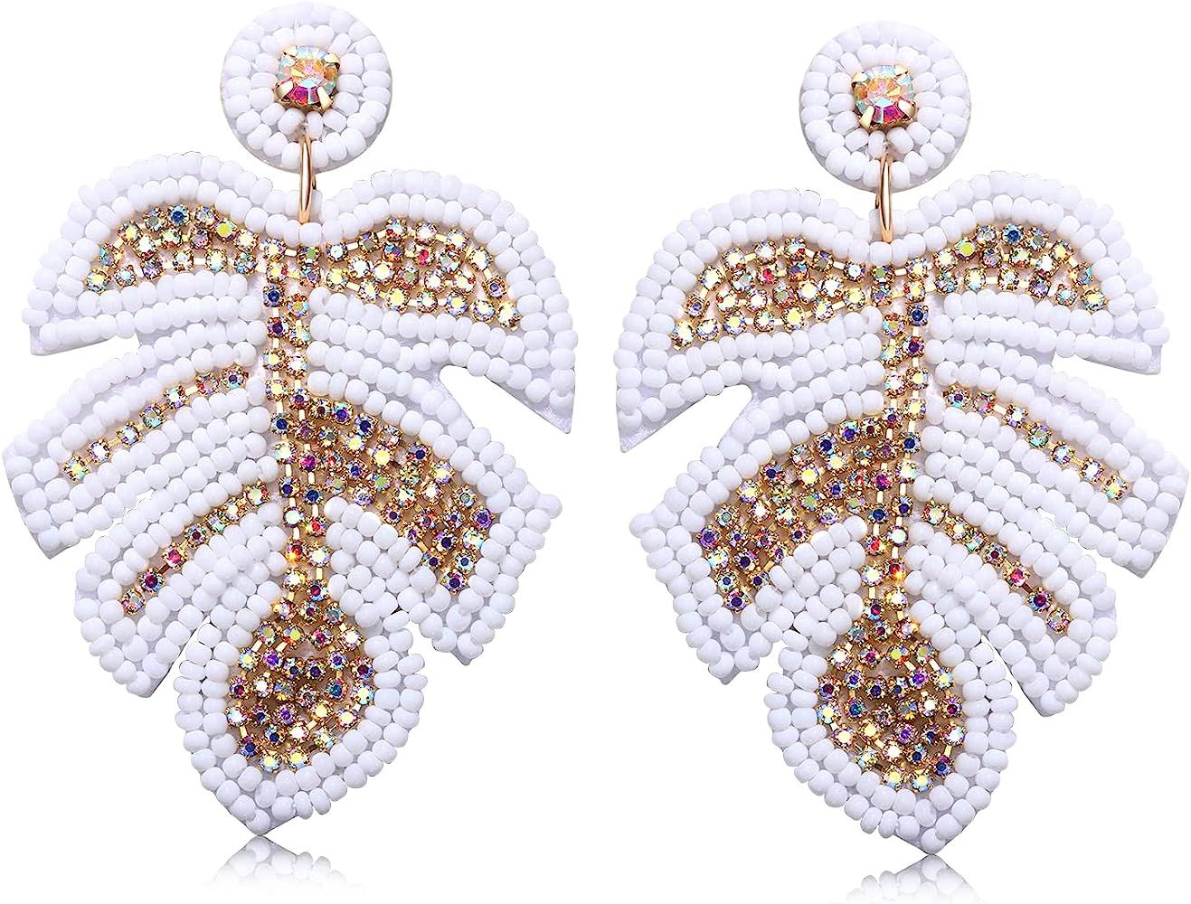 Beaded Drop Earrings for Women Statement Rhinestone Palm Leaf Beaded Dangle Earrings Handmade Cry... | Amazon (US)
