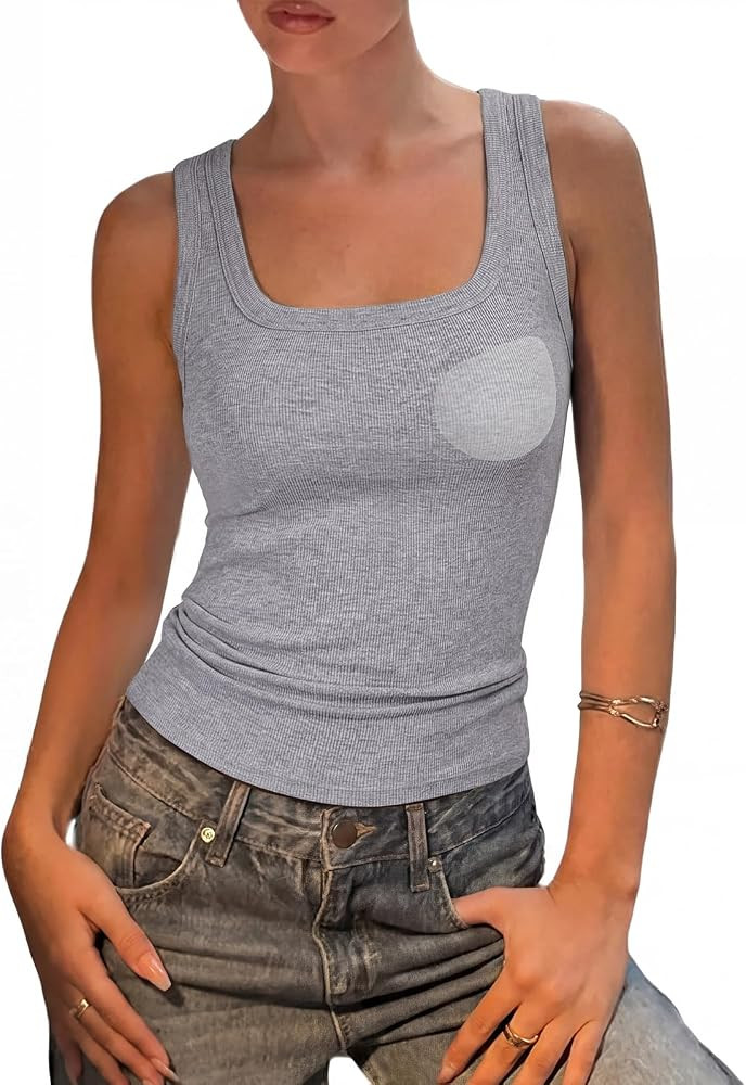 SUUKSESS Womens Padded Cotton Ribbed Tank Tops Square Neck Racerback Basic Tops | Amazon (US)