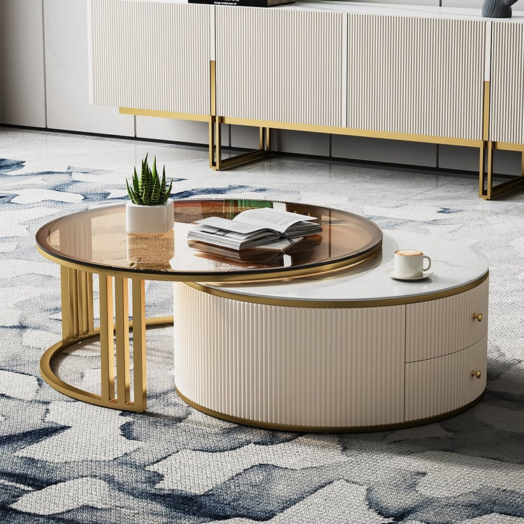 Grovyn Modern Nesting Sintered Stone Top Off-White Round Glass Coffee Table Storage | Homary | Homary