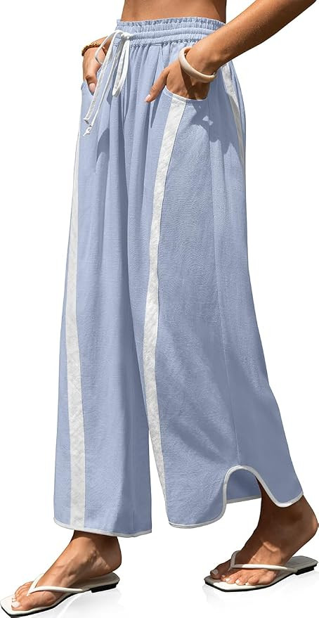 TARSE Womens Linen Wide Leg Pants Baggy Casual Drawstring Elastic Waisted Contrast Color Loose Y2... | Amazon (US)
