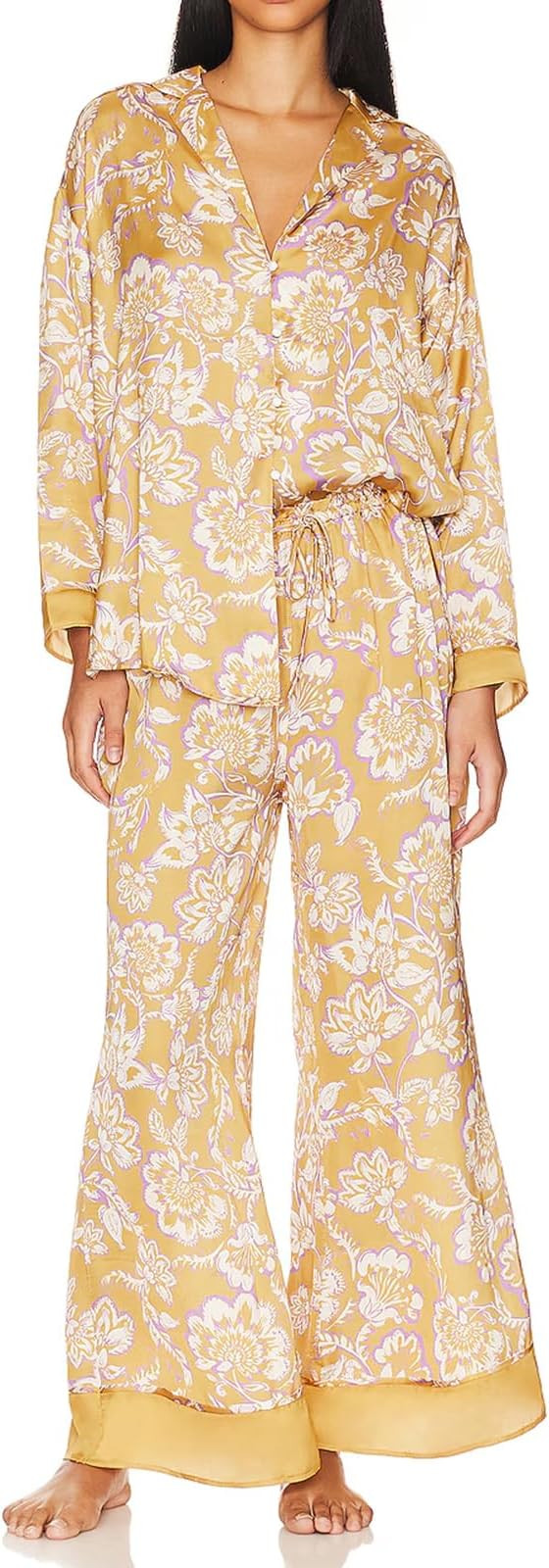 Women Satin Pajama Set Floral Silk Pajamas 2 Piece Lounge Sets Button Down Shirts Wide Leg Pants ... | Amazon (US)