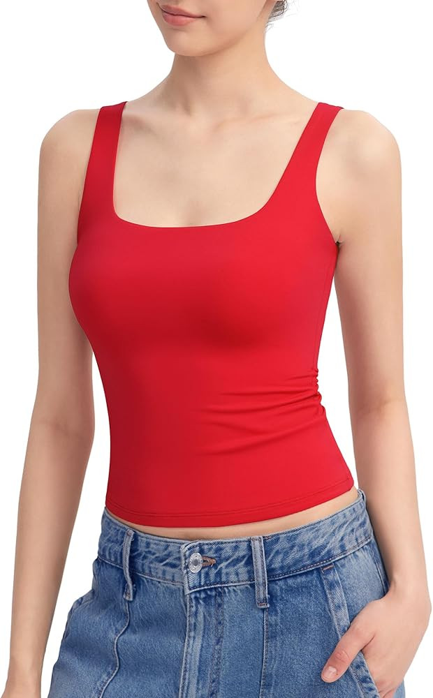 PUMIEY Women's Square Neck Tank Top Sleeveless Double Lined Basic Tops Sharp Collection | Amazon (US)
