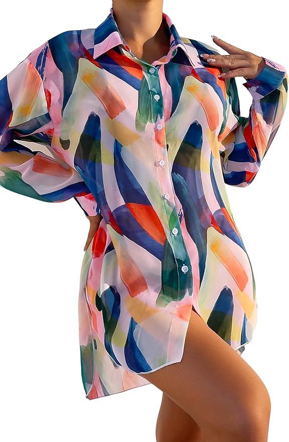 Verdusa Women's Graphic Swimsuit Cover Up Kimono Long Sleeve Button Up Shirt | Amazon (US)
