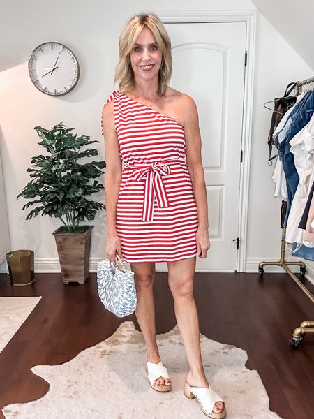 Red, white and blue outfit for the 4th of July. Summer dress. Patriotic outfit. One shoulder outfit. Fits true to size. 

#LTKstyletip #LTKunder50 #LTKSeasonal