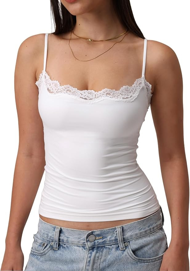 Starrylion Padded Lace Cami Top Double Lined Sexy Crop Tank Top Spaghetti Strap Club Party Shirt | Amazon (US)