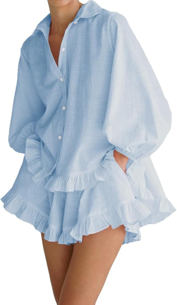 Women Ruffle 2 Piece Sets Long Sleeve Button Down Shirts and Shorts Fashion Stripe Sweatsuit Sets | Amazon (US)