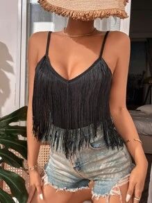 SHEIN SXY Solid Fringe Trim Cami Top SKU: sw2203311182334171(1000+ Reviews)$6.99AddThis Sharing B... | SHEIN