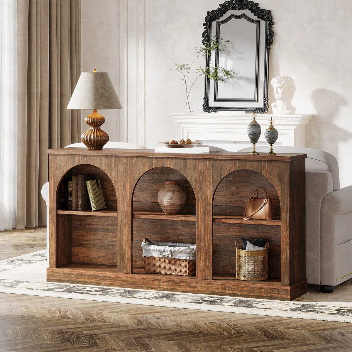 63-Inch Long Farmhouse Wooden Rectangular Entryway Console 3 Tier Storage Sofa Table Behind Couch | Wayfair North America