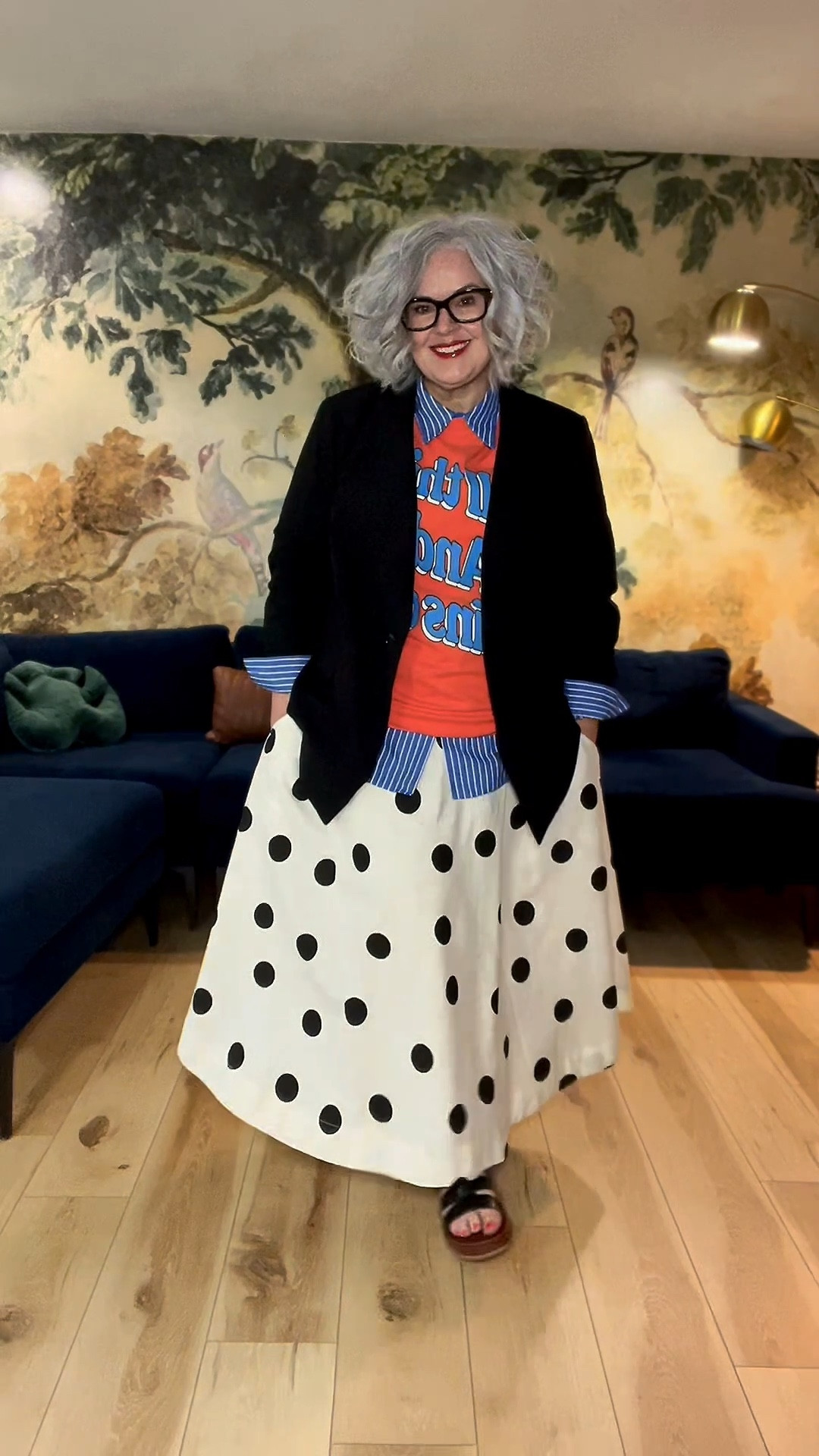 Someone get me 2 shots of Patron! 🍋‍🟩🧡💙￼
Wearing:
XL skirt & tee 
16 blazer 
XXL button down 
#over50fashion #OOTD #over50style #dopaminedressing #over50club 

#LTKMidsize #LTKootd #LTKOver40